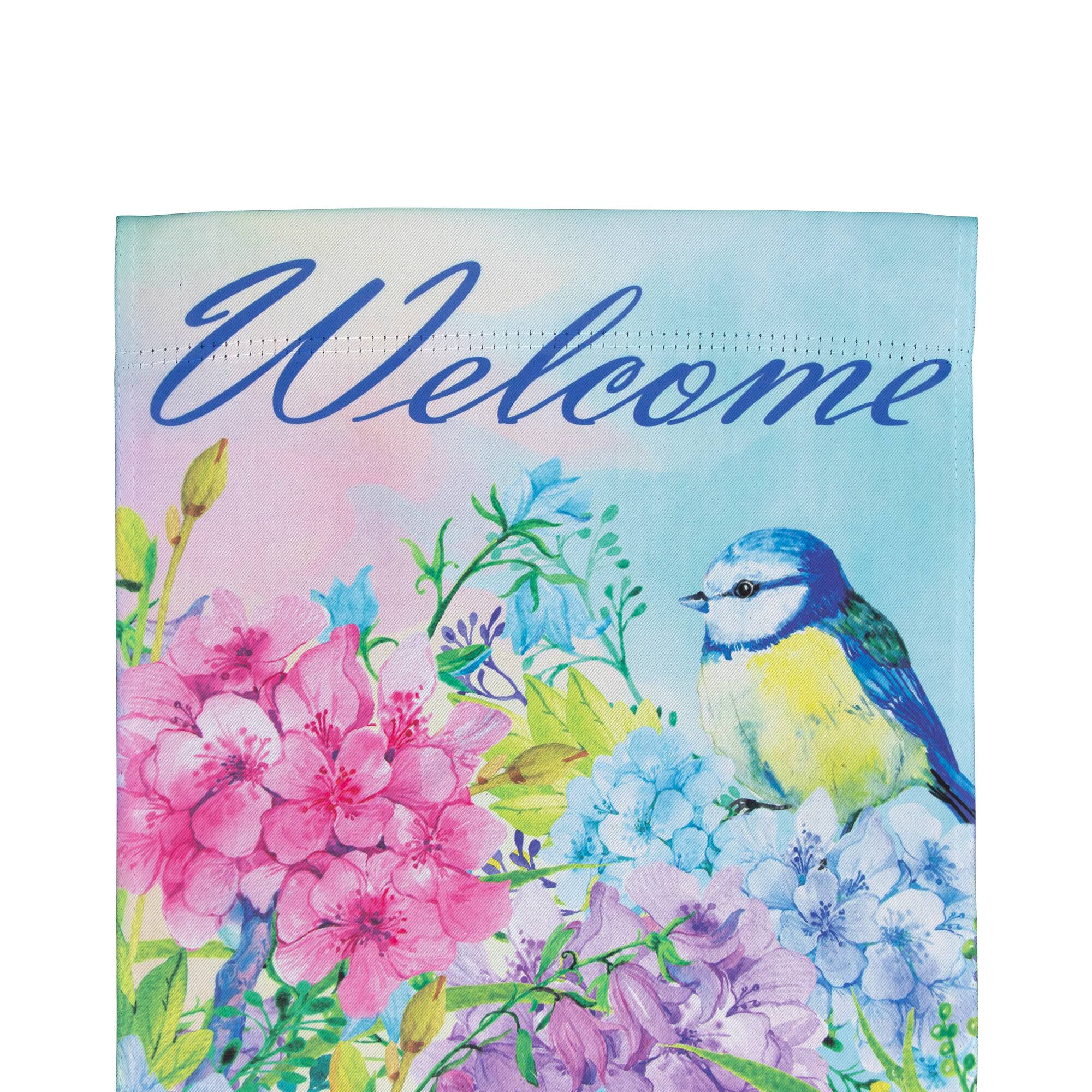 Blue and Purple Welcome Bird Outdoor Garden Flag 12.5" x 18"